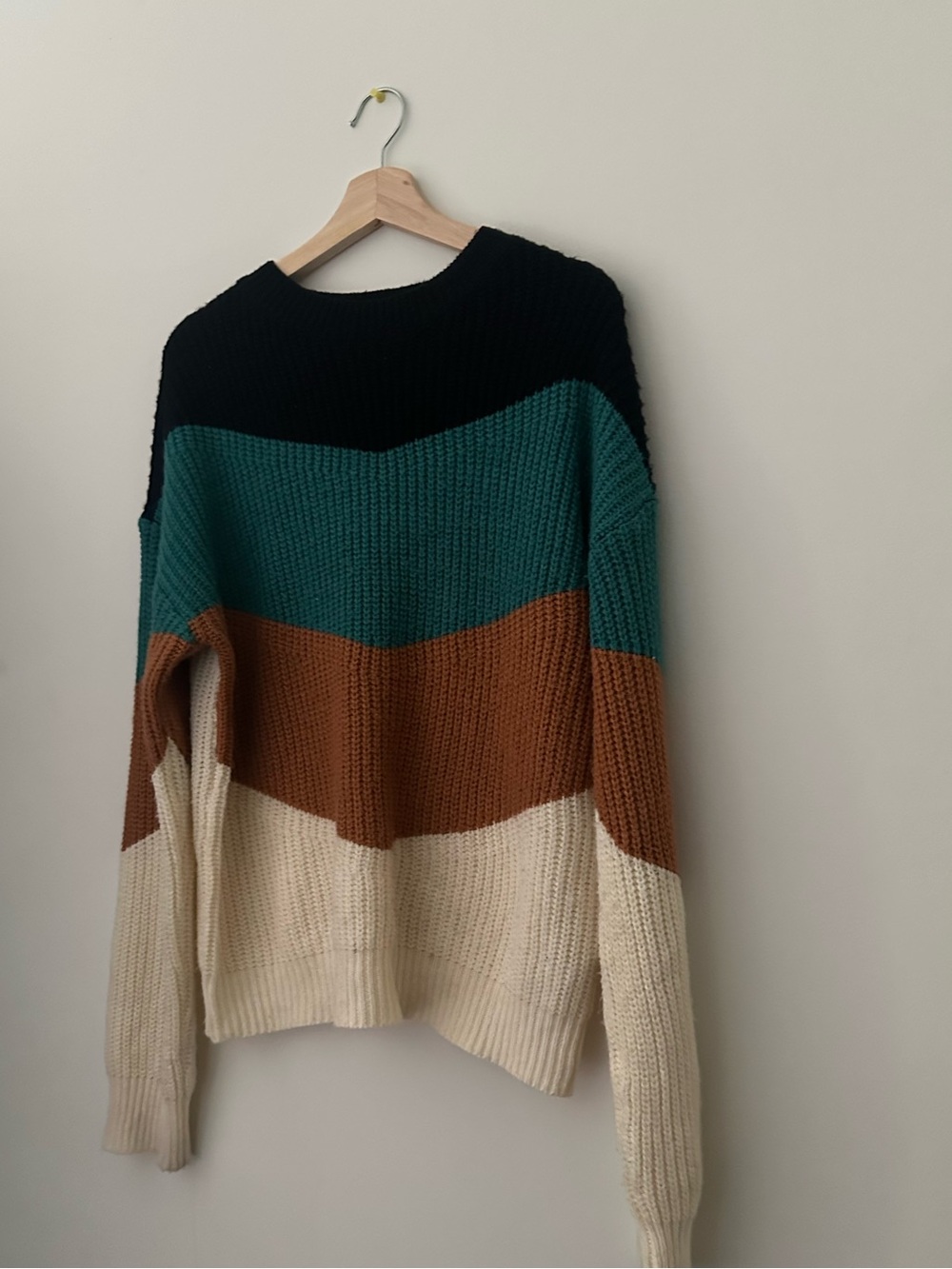 SHEIN Multicolor Block Crewneck Sweater in Black, Teal, Brown & Cream